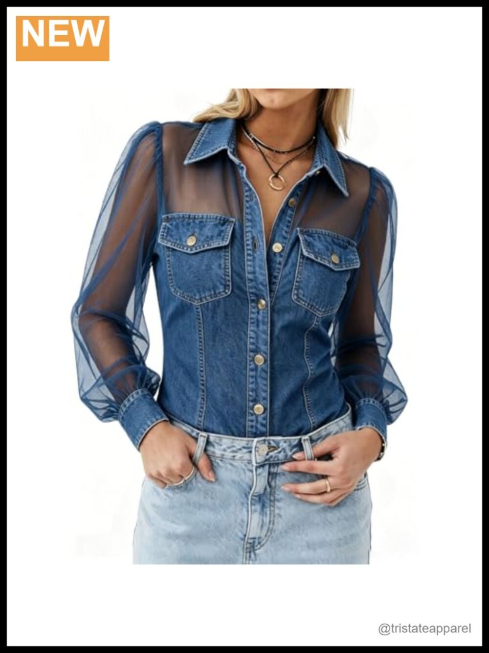 Women's Denim Button Down Shirt V-Neck Sheer Chiffon Puff Sleeve with Pockets